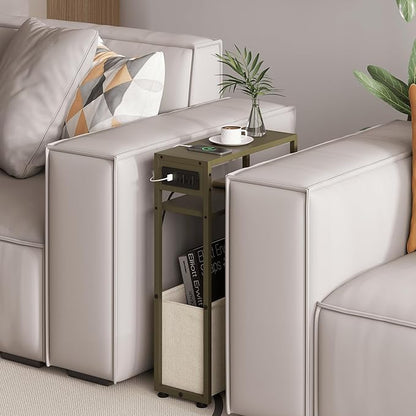 Green Side Table with Charging Station, Slim End Tables with Linen Basket, Skinny Table for Small Spaces, Thin Bedside Table for Living Room, Bedroom