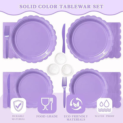 Vyntra 350 PCS Disposable Plates for Party, Paper Plates & Napkins Set with Cups, Knives, Forks, Spoons, 7'' Dessert and 9'' Dinner Plates for Birthday, Bridal & Baby Shower - Lavender/Light Purple