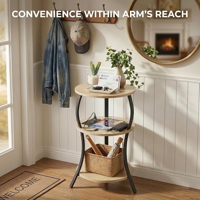 Small Round Side Table with Charging Station, 3-Tier Waist Circular End Table with Storage Shelf, Compact Tea Sofa Side Table Small Spaces, Round Corner Coffee Table for Living Room Bedroon,Oak