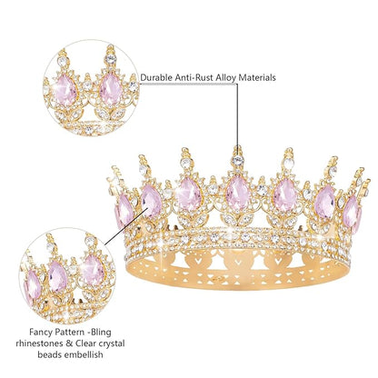 Queen Crown Rhinestone Wedding Crowns and Tiaras for Women Costume Party Hair Accessories Princess Birthday Crown Crystal Bridal Crown (Gold & Pink Crown)
