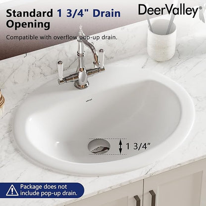 DeerValley Oval Drop-In Bathroom Sink 20x17 Inch, White Ceramic Vessel Basin with Overflow and Single Faucet Hole for Vanity Installation