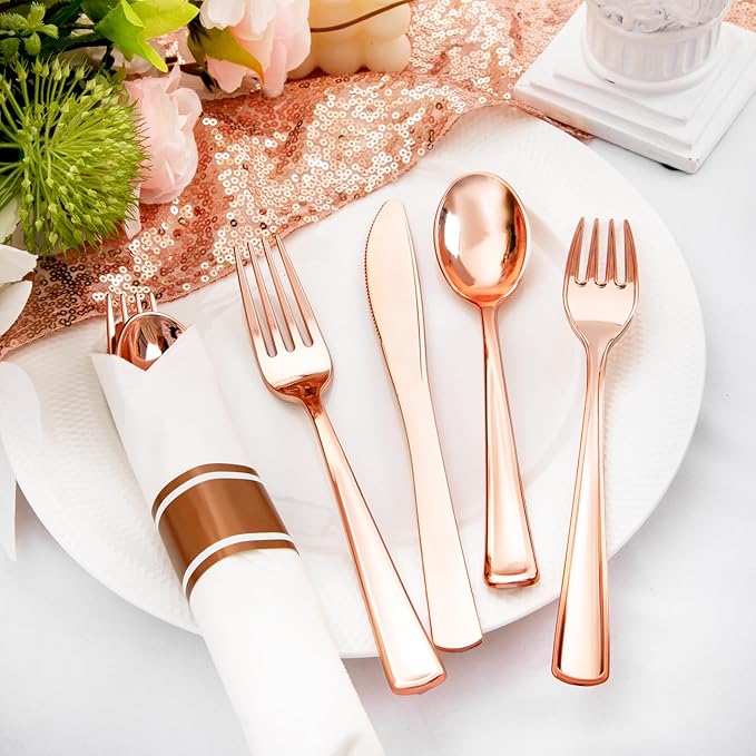 Liacere 100Pack Rose Gold Plastic Silverware - Pre Rolled Napkins with Rose Gold Cutlery - Wrapped Silverware Set Disposable100 Forks Knives Spoons Wrapped Utensils for Wedding＆Valentine's Day