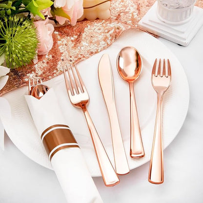 Liacere 100Pack Rose Gold Plastic Silverware - Pre Rolled Napkins with Rose Gold Cutlery - Wrapped Silverware Set Disposable100 Forks Knives Spoons Wrapped Utensils for Wedding＆Valentine's Day