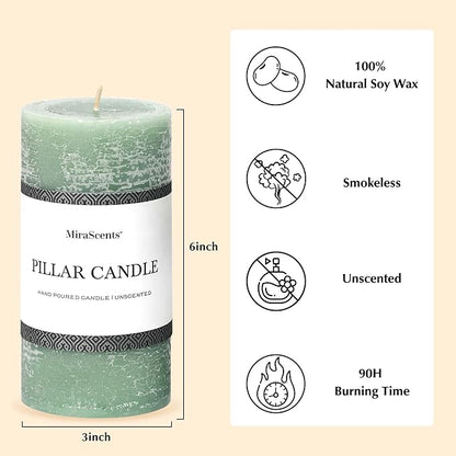3x6 Inch Sage Green Pillar Candles Set of 3 - Unscented Spring, Long Clean Burning, Large Smokeless Dripless for Home Decor, Dinner Table, Bathroom, Rustic Decor