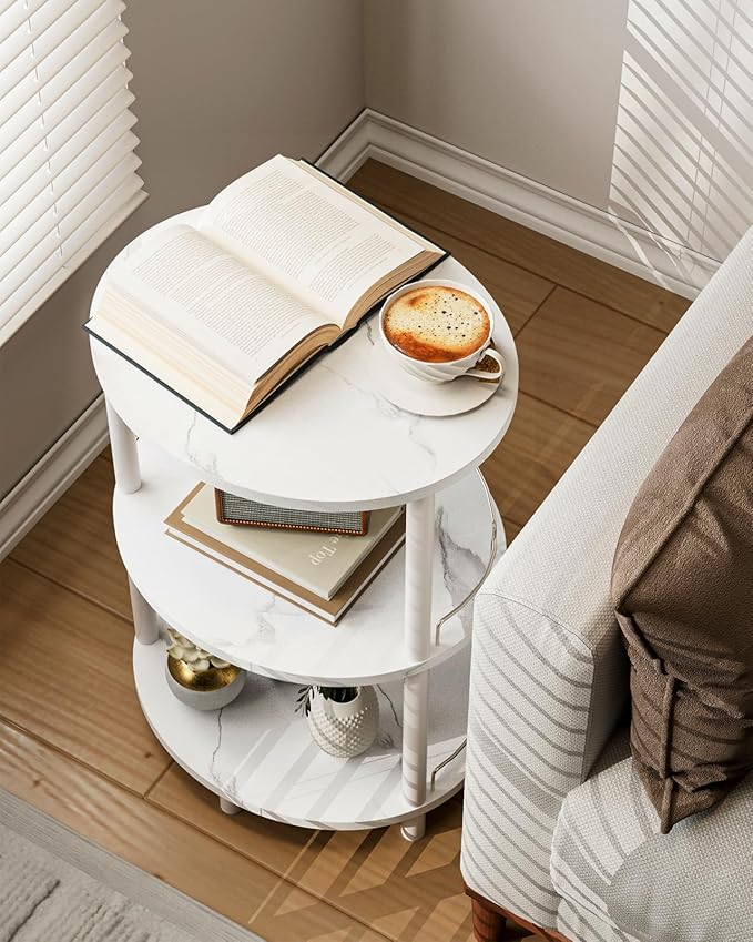 Small Nesting Coffee Table - 3-Tier Oval Accent Table for Small Spaces, Rustic Wood and Metal Couch End Table, Nightstand for Bedroom or End Table Living Room, Easy to Assemble, Marble White