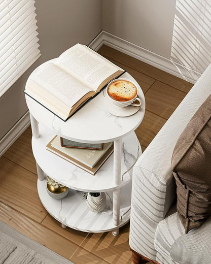 Small Nesting Coffee Table - 3-Tier Oval Accent Table for Small Spaces, Rustic Wood and Metal Couch End Table, Nightstand for Bedroom or End Table Living Room, Easy to Assemble, Marble White