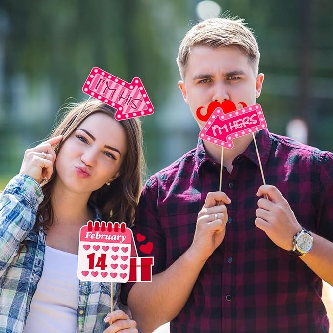 24 Pcs Valentine's Day Photo Booth Props Decor, Valentine's Day Photo Prop Frame and 23 Pcs Valentine Day Photo Booth Props for Happy Valentines Themed Party Supplies Decoration
