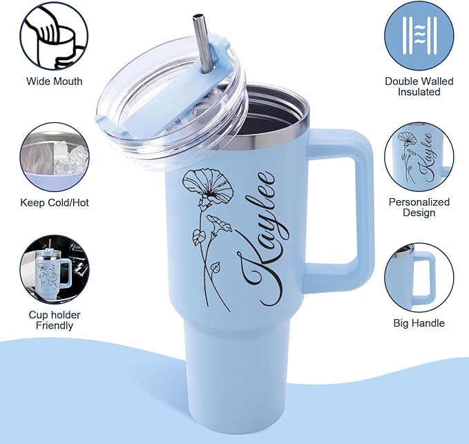 Personalized 40 Oz Tumbler with Handle and Straw, Custom Cup with Name & Birth Flower, Stainless Steel Travel Coffee Tumbler,Personalized Christmas Birthday Gifts for Women, Teen Girls