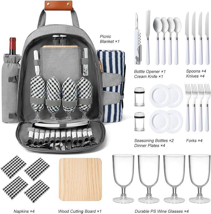 Picnic Backpack Bag for 4 Person with Cooler Compartment and Wine Holder,Fleece Blanket,Cutlery Set,for Camping,Beach,Day Travel,Hiking,BBQ and Family/Couples Gifts,Accessories,Supplies(Light Gray)