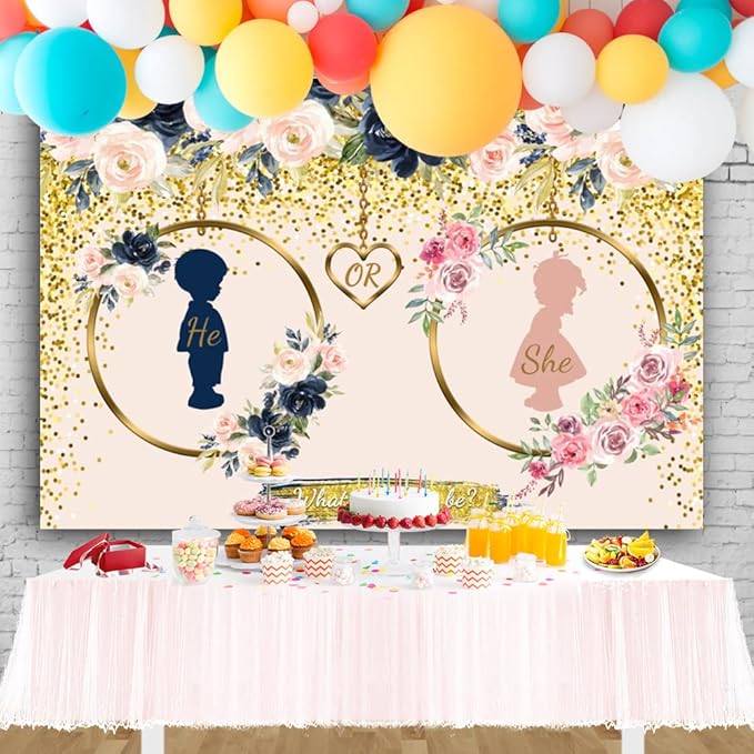 10x8ft Gender Reveal Backdrop Navy and Blush He or She What Will Baby Be Gender Reveal Backdrop Boy or Girl Pregnancy Reveal Photography Background Baby Shower Backdrop Cake Table Decor