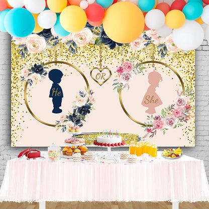 10x8ft Gender Reveal Backdrop Navy and Blush He or She What Will Baby Be Gender Reveal Backdrop Boy or Girl Pregnancy Reveal Photography Background Baby Shower Backdrop Cake Table Decor