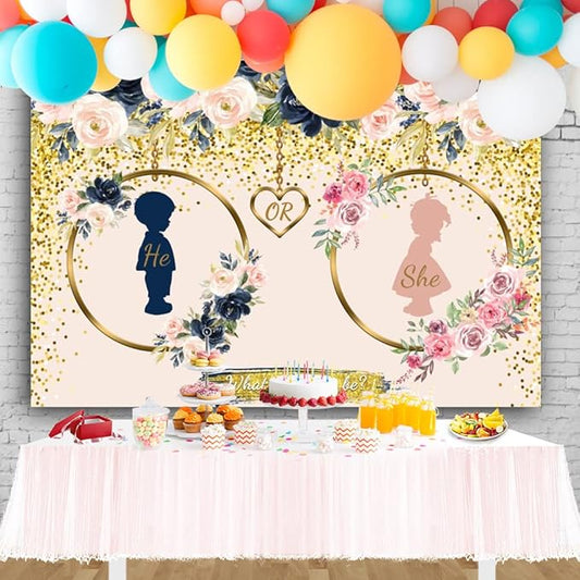 10x8ft Gender Reveal Backdrop Navy and Blush He or She What Will Baby Be Gender Reveal Backdrop Boy or Girl Pregnancy Reveal Photography Background Baby Shower Backdrop Cake Table Decor