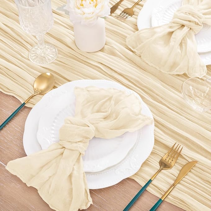 MLMC 8 Pack Beige Cheesecloth Table Runner 10ft Cream Rustic Gauze Cheese Cloth Table Runner 35x120 Inches for Wedding Baby Bridal Shower Boho Home Decor