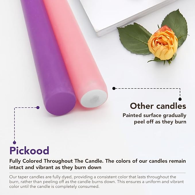 10-Inch Tall Dripless Advent Candles Set of 12, Tapered Candles, Perfect for Christmas - Smokeless, Unscented, Long Burning - Hand Poured, Colored Tall Candlesticks - Pink and Purple