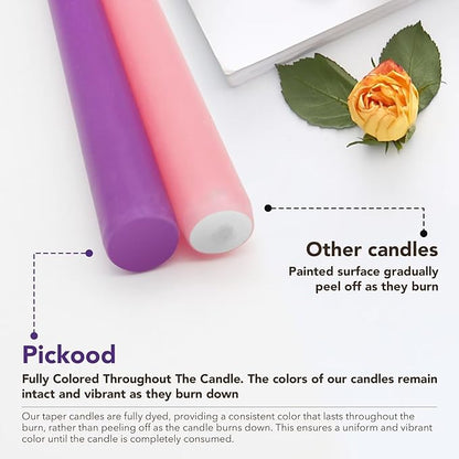 10-Inch Tall Dripless Advent Candles Set of 12, Tapered Candles, Perfect for Christmas - Smokeless, Unscented, Long Burning - Hand Poured, Colored Tall Candlesticks - Pink and Purple