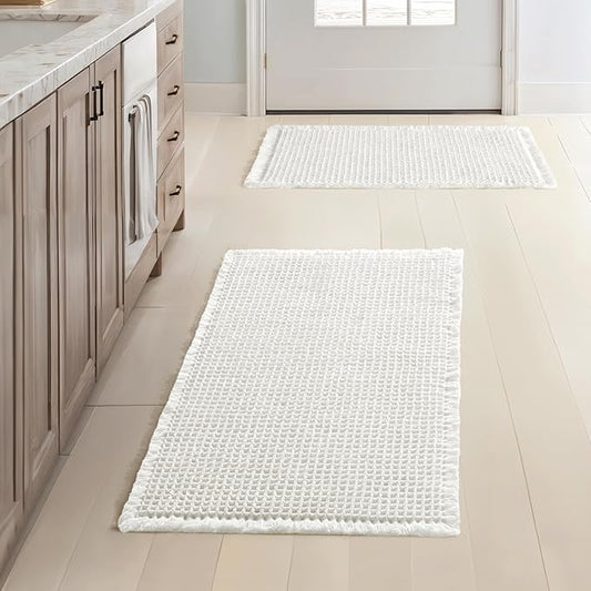 MIULEE Set of 2 Waffle Bathroom Rugs, Boho Bath Rugs Non Slip Washable, Super Absorbent Bath Mats, Ultra Soft Rubber Backed Shower Mats for Bathroom Floor, Tub and Shower, White, 17x24 Inch