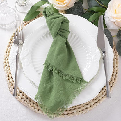 12 Pack Sage Green Cotton Linen Napkins with Fringe Christmas Cloth Napkins Set of 12 Boho Handmade Holiday Napkins Bulk for Wedding Baby Shower Xmas Dinner Table Parties, 17 x 17 Inches