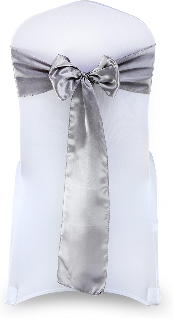 VDS Satin Chair Sashes Chair Cover Back Tie Sateen Bows Ribbon for Wedding Birthday Graduation Engagement Ceremony Event Party Banquet Venue Hotel All Dining Chair Decoration (150PC) (Silver Grey)
