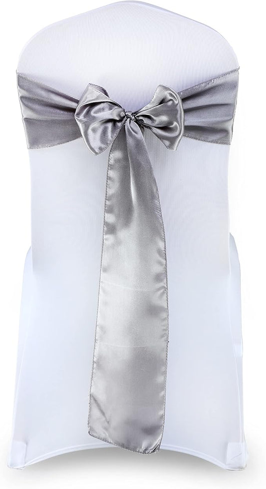VDS Satin Chair Sashes Chair Cover Back Tie Sateen Bows Ribbon for Wedding Birthday Graduation Engagement Ceremony Event Party Banquet Venue Hotel All Dining Chair Decoration (150PC) (Silver Grey)