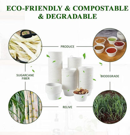 Vplus 500 Pack 2 OZ Disposable Souffle Cups, 100% Compostable Portion Cups, Made From Bagasse Fibe, Perfect For Dips, Food Sample, Jams, Honey, Sauces, Nuts