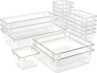 Clear Acrylic Drawer Organizer Trays, 5 Size Junk Box Organization Small Storage Container Bin for Desk Makeup Bathroom Vanity Kitchen Tool Make Up Workspace Home Dorm Apartment Office Room Nightstand
