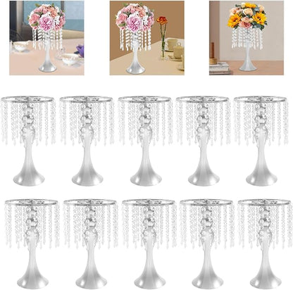 Wedding Centerpieces Sliver Vases,10PCS Metal Flower Candle Holder with Sparkling Crystal Beads,Crystal Flower Vase Metal Flowers Stand for Party Tables Decorations