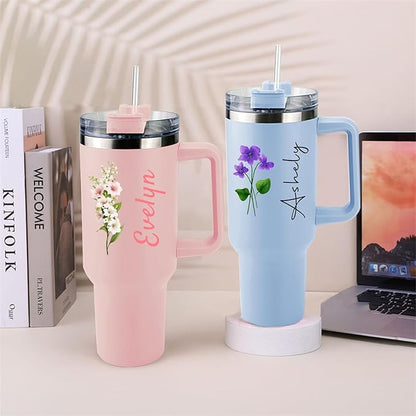 ThermoThrill Ships Next Day, Personalized 40 Oz Tumbler with Handle and Straw Custom Tumbler with Text Stainless Steel Mug Birthday Gifts for Women