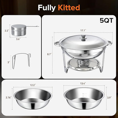 Chafing Dishes for Buffet, 4 Pack 5QT Round Stainless Steel Chafing Dish Set with Lid Holder for Home Parties, Christmas Gatherings, Catering Events, Complete Buffet Warmer Set - Silver