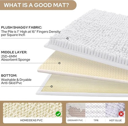 HOMEIDEAS 3 Pieces Bathroom Rugs, Ultra Soft Non Slip Absorbent Chenille Toilet Bath Mat Set (White)
