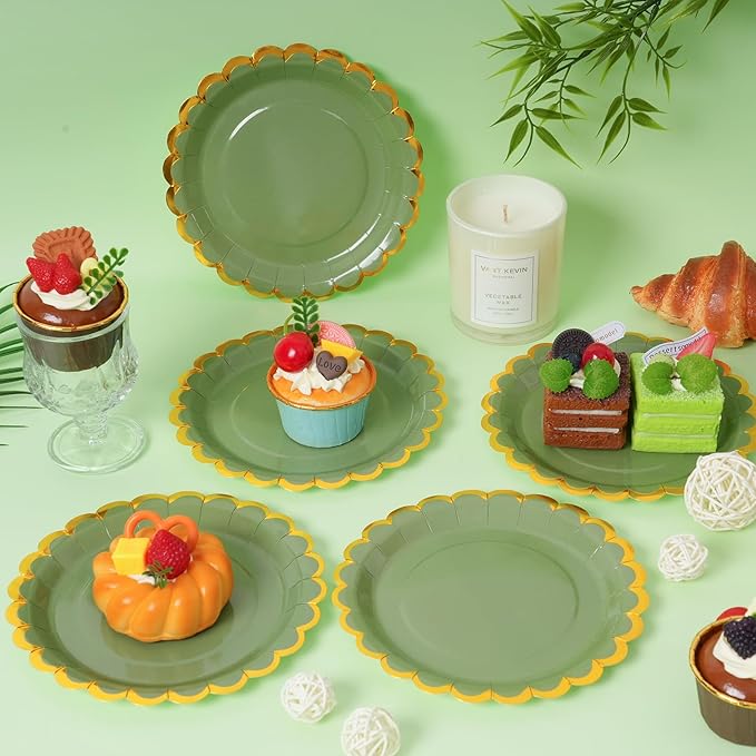 Sage green & gold scalloped party plates with napkins and fork gold foil border, 24 Guest green disposable Tableware Set Party Decoration for Birthday Coquette Bridal Baby Shower Valentines