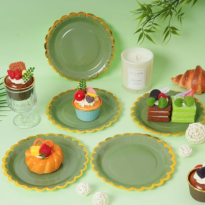 Sage green & gold scalloped party plates with napkins and fork gold foil border, 24 Guest green disposable Tableware Set Party Decoration for Birthday Coquette Bridal Baby Shower Valentines
