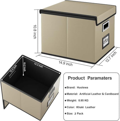 Huolewa File Organizer Boxes with Lids, Collapsible Faux Leather Hanging File Folder Box Organizer with Plastic Slide, Decorative Home/Office Filing System Boxes for File and Folders Storage