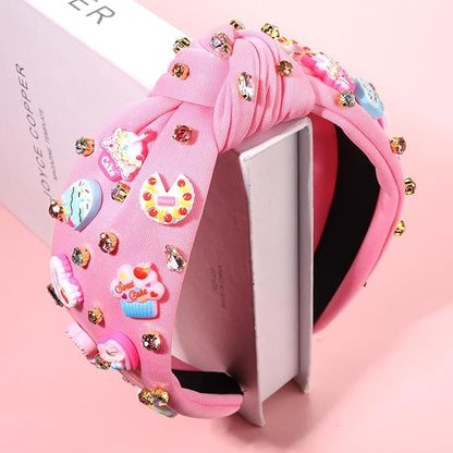 Knotted Headband for Women Lollipop Birthday Cake Crystal Jeweled Embellished Top Knot Hairband Statement Wide Turban Hair Hoop Funny Gifts for Girls Sister Birthday Xmas Holiday Party