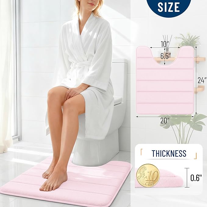 OLANLY Memory Foam Toilet Rugs U Shaped 24x20, Super Soft Absorbent Contour Bath Rugs, Quick Dry, Machine Washable Toilet Mat, Bathmat Floor Carpet, Bathroom Home Decor Accessories, Pink