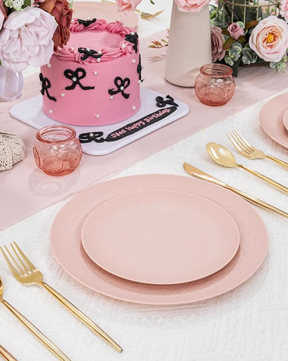 WONDERFUL 32pcs Pink Plastic Plates - Unbreakable and Reusable Pink Plates Dishwasher safe Dishes Set Includes:16 Dinner Plate 10" and 16 Dessert Plate 7.3" for Wedding Thanksgiving Christmas
