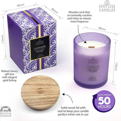 Lavender Candle - 9.7 oz /275g Lavender Scented Candle in Purple Glass Jar with Wooden Lid and Wooden Crackling Wick in a Luxurious Gift Box - Gentle, Tranquil and Relaxing