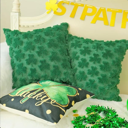 GEEORY St. Patrick's Day Soft Plush Green Shamrock Pillow Covers 18 x 18 Inch Set of 2, Lucky Clover Faux Fur Wool Farmhouse Throw Pillowcases for Home Sofa Couch Cushion Decoration GC012-18