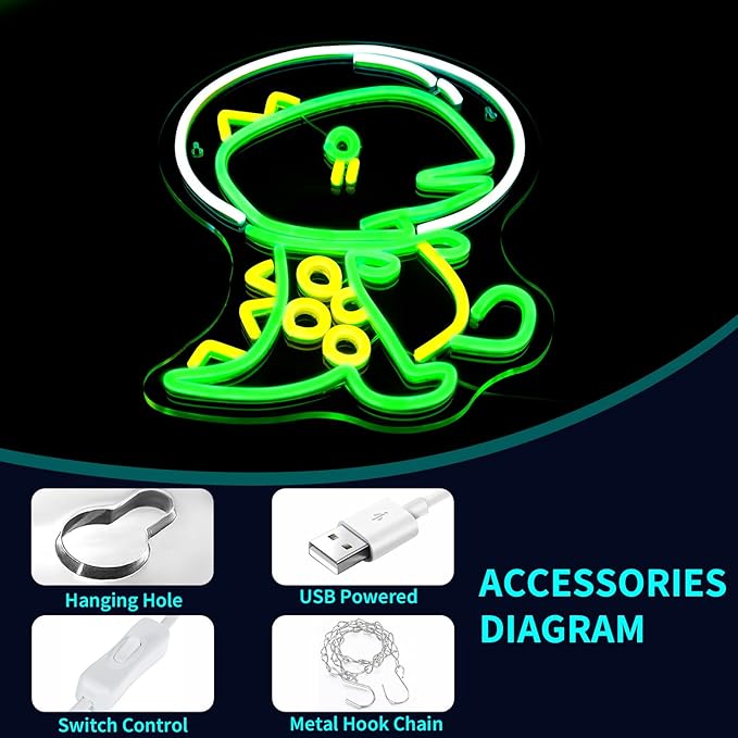 Dinosaur Neon Sign, JGHTURIE Animal Led Neon Signs for Wall Decor Astronaut Dinosaur Green Light Up Sign Game Room Kids Boys Bar Signs for Man Cave Decor USB Powered