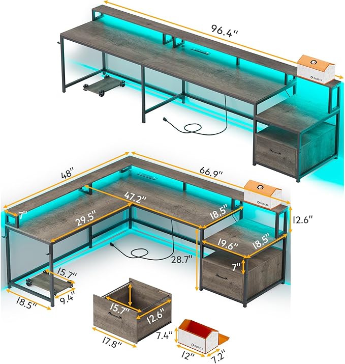 SEDETA L Shaped Desk, 66" Home Office Desk with Wood File Drawer, Power Outlet, Corner Computer Desk with Monitor Shelf, Printer Storage Shelves, Gaming Desk with Led Lights, Two Person Desk, Walnut