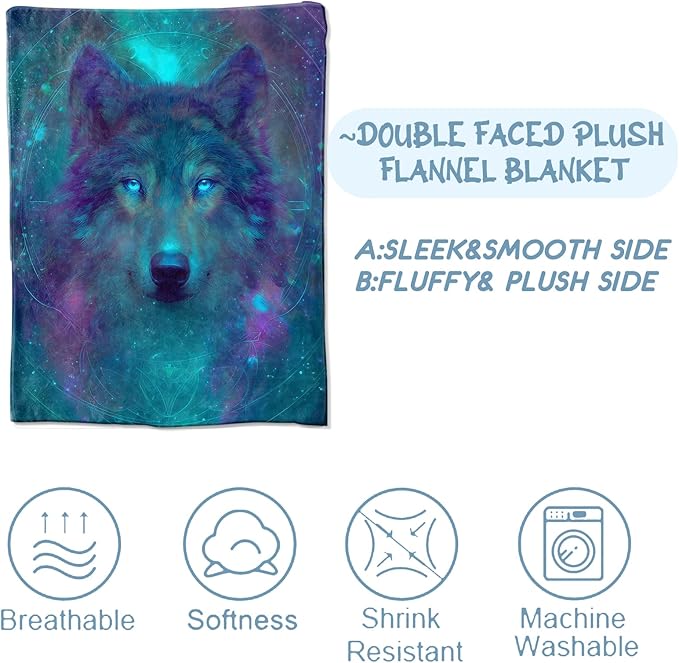 Fantasy Wolf Blanket, Mystical Animal and Galaxy Blankts, Gifts for Adults Kids, Home Dorm Cabin Pet Area Picnic and Travel Decor, Soft Cozy Lightweight Flannel Throw,50"x60"