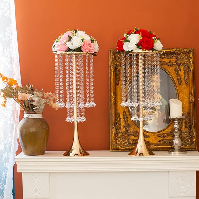 21.88in Gold Wedding Centerpieces for Tables, 2pcs Wedding Flower Stand with Crystal Bead, Metal Tall Vases for Centerpieces Birthday Party Event Decoration