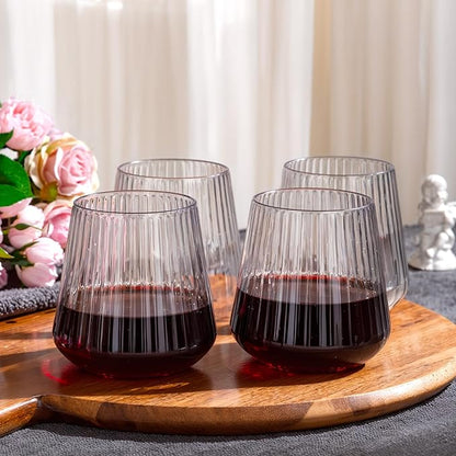 Ciaell 30 Pack Plastic Ribbed Wine Glasses - 14 OZ Thicker Origami Stemless Disposable Wine Champagne Whiskey Unbreakable Clear Cocktail Glass, Reusable Wine Cups for Home Party Wedding Bar