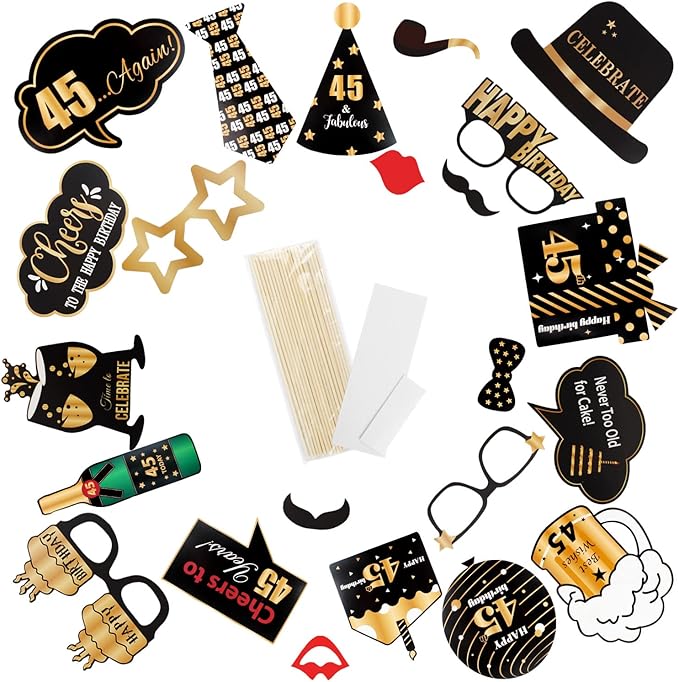 LINGTEER Happy 45th Birthday Party Photo Booth Props,Cheers to 45th Birthday 45th Years Old Bday Party Centerpieces Props Decorations Sign.