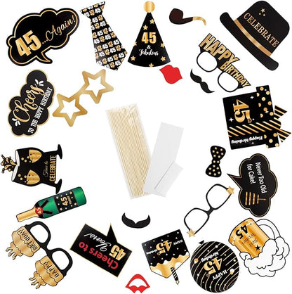 LINGTEER Happy 45th Birthday Party Photo Booth Props,Cheers to 45th Birthday 45th Years Old Bday Party Centerpieces Props Decorations Sign.