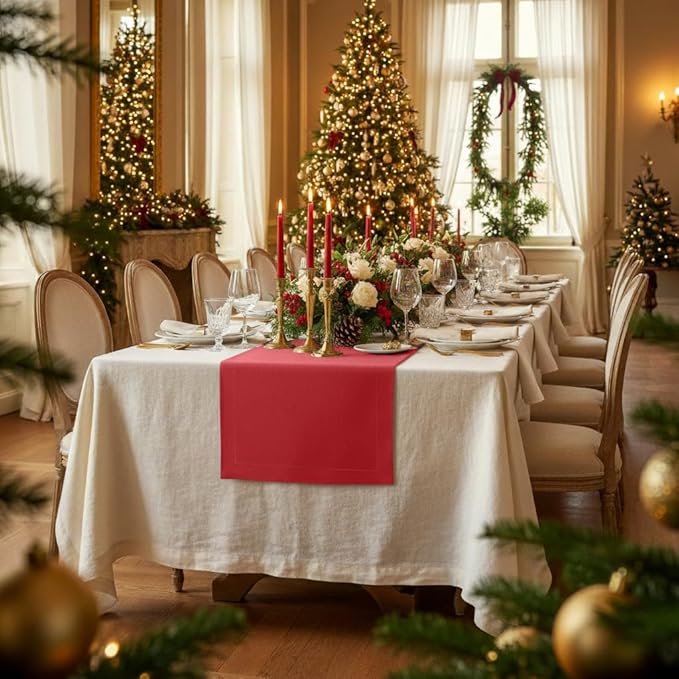 D'Moksha Homes Linen Bright Red Table Runner 120 Inches Long - 100% Pure Linen Dining Table Runner 14 x 120 Inch for Winter, Christmas, Holiday - Machine Washable