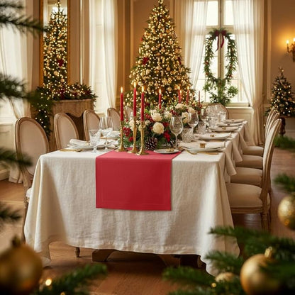 D'Moksha Homes Linen Table Runner 48 Inches - 100% Pure Linen Bright Red Table Runner 14 x 48 Inch for Coffee Tables, Dresser, Winter, Christmas, Holiday - Machine Washable