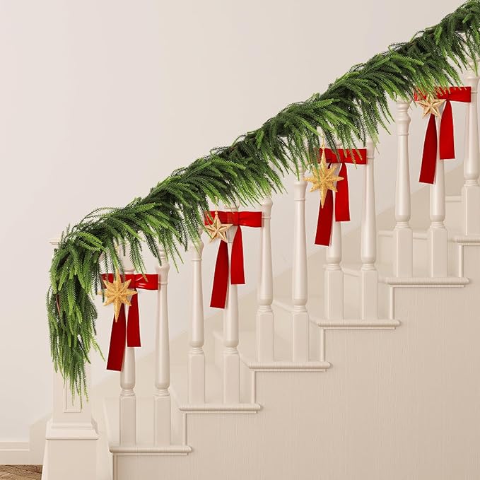 6FT 2Pcs Artificial Norfolk Pine Garlands, Lifelike Chirstmas Garlands for Fireplace Indoor & Outdoor Holiday Decor, Christmas Decorations, and Real Touch Greenery Garland