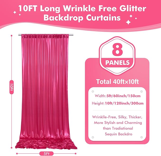 40x10ft Shimmer Hot Pink Sequin Backdrop Curtain for Parties-8 Panels 5x10ft Thick Wrinkle Free Glitter Fuchsia Photo Backdrop Drapes Curtains for Wedding Hot Pink Theme Party Photography Background