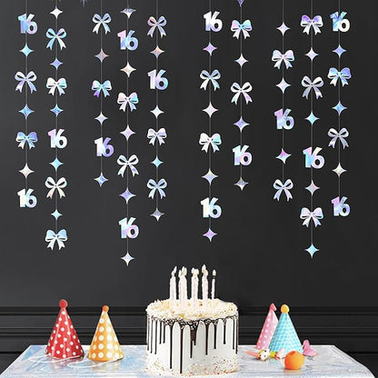 Iridescent 16th Bow Birthday Decorations Metallic Conquette Bow Garland Streamer Banner Backdrop for Girls Boys Happy 16th Birthday Sweet Sixteen Cheers to 16 Years Old Anniversary Party Supplies