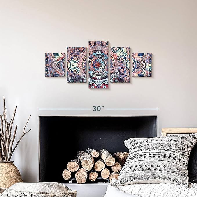ElephantStock - Mandala Enchantment Wall Art - Horizontal Multi Panel Canvas - 5 Piece Living Room Wall Decor - Digital Art Elements Multi Piece Wall Art - Blue And Beige Decor - 29" x 12"